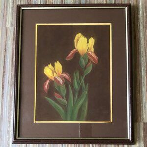 Yellow Iris Flower Original Pastel Drawing Framed Signed Phyl Henkel 14x17"